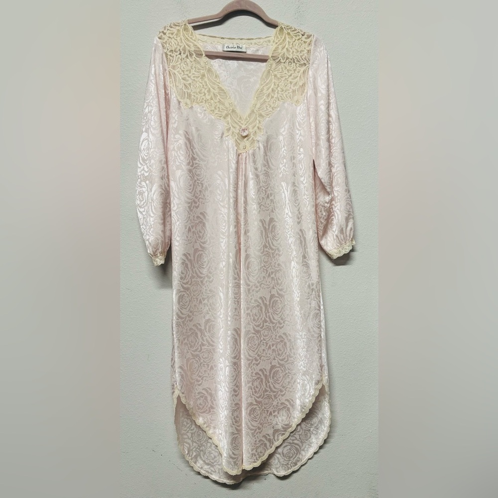 Vintage Christian Dior Nightgown Womens Small Lace Sheer Floral 70s Unionmade - Picture 1 of 4